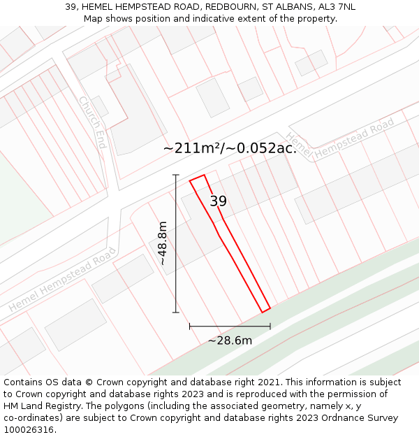 39, HEMEL HEMPSTEAD ROAD, REDBOURN, ST ALBANS, AL3 7NL: Plot and title map