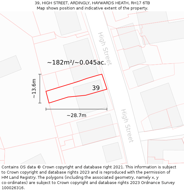39, HIGH STREET, ARDINGLY, HAYWARDS HEATH, RH17 6TB: Plot and title map