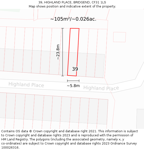 39, HIGHLAND PLACE, BRIDGEND, CF31 1LS: Plot and title map