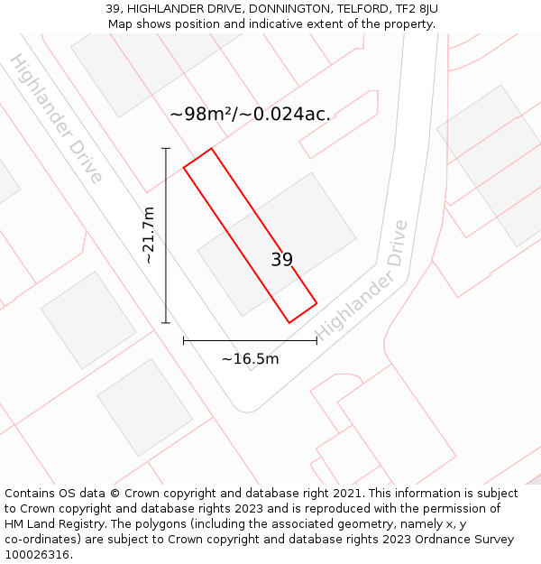 39, HIGHLANDER DRIVE, DONNINGTON, TELFORD, TF2 8JU: Plot and title map