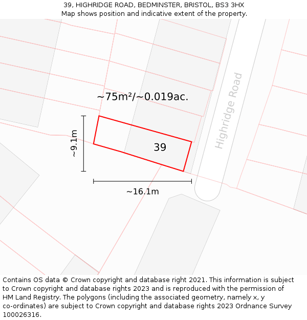 39, HIGHRIDGE ROAD, BEDMINSTER, BRISTOL, BS3 3HX: Plot and title map