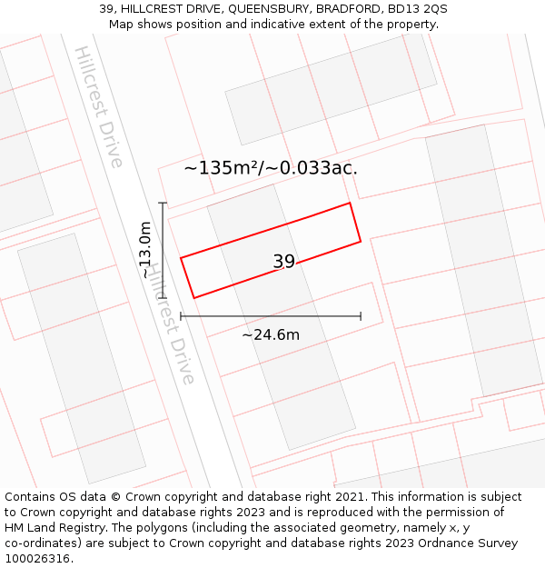 39, HILLCREST DRIVE, QUEENSBURY, BRADFORD, BD13 2QS: Plot and title map