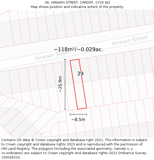 39, HIRWAIN STREET, CARDIFF, CF24 4JG: Plot and title map