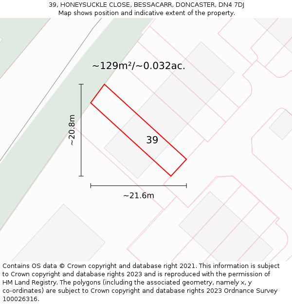 39, HONEYSUCKLE CLOSE, BESSACARR, DONCASTER, DN4 7DJ: Plot and title map