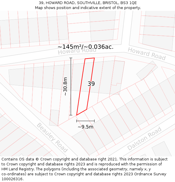 39, HOWARD ROAD, SOUTHVILLE, BRISTOL, BS3 1QE: Plot and title map