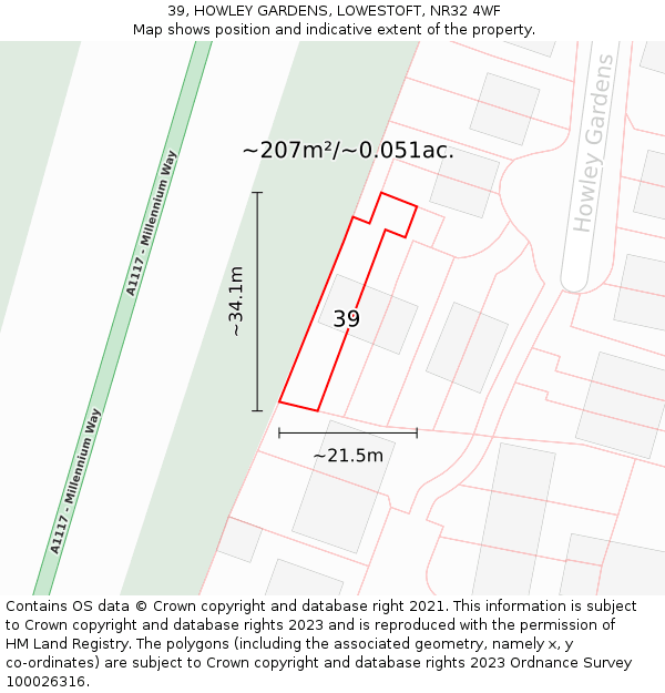 39, HOWLEY GARDENS, LOWESTOFT, NR32 4WF: Plot and title map