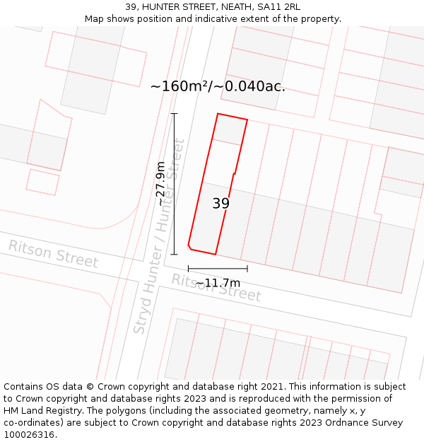39, HUNTER STREET, NEATH, SA11 2RL: Plot and title map