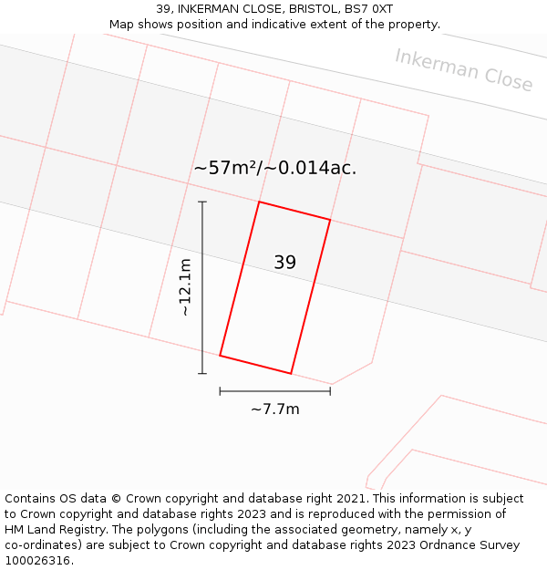 39, INKERMAN CLOSE, BRISTOL, BS7 0XT: Plot and title map