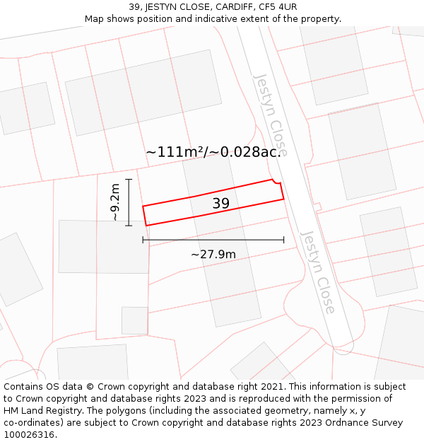 39, JESTYN CLOSE, CARDIFF, CF5 4UR: Plot and title map
