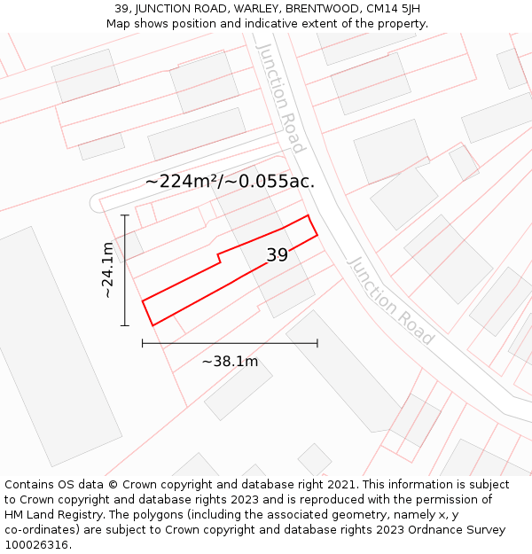 39, JUNCTION ROAD, WARLEY, BRENTWOOD, CM14 5JH: Plot and title map