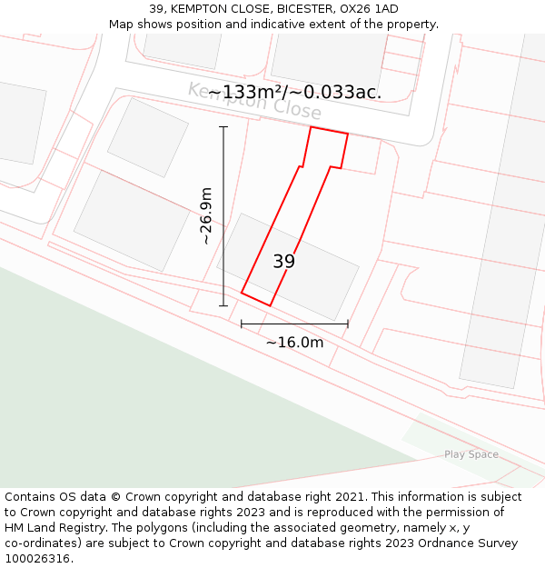 39, KEMPTON CLOSE, BICESTER, OX26 1AD: Plot and title map