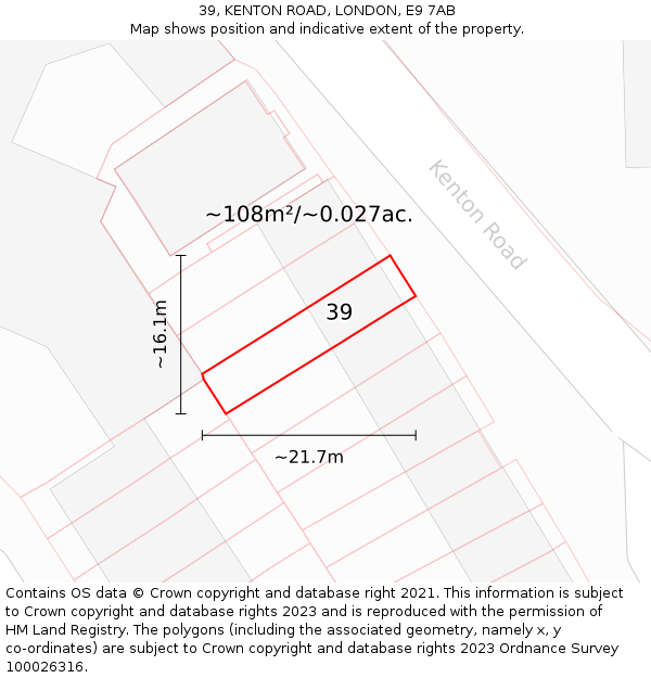 39, KENTON ROAD, LONDON, E9 7AB: Plot and title map