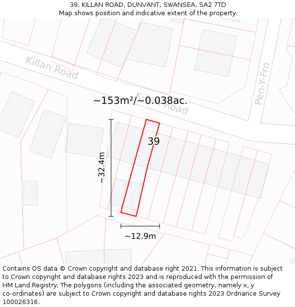39, KILLAN ROAD, DUNVANT, SWANSEA, SA2 7TD: Plot and title map