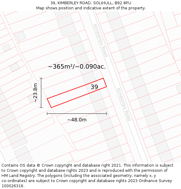 39, KIMBERLEY ROAD, SOLIHULL, B92 8PU: Plot and title map