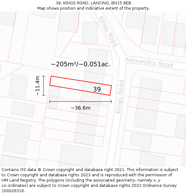 39, KINGS ROAD, LANCING, BN15 8EB: Plot and title map