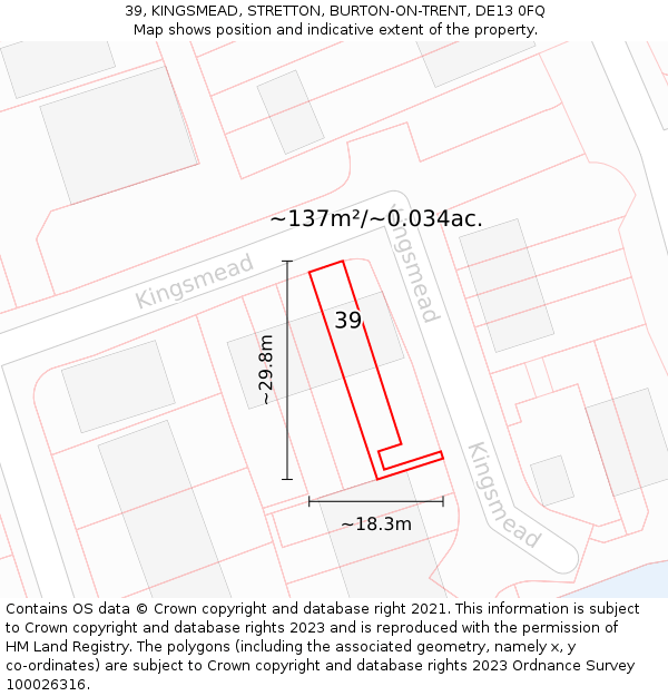 39, KINGSMEAD, STRETTON, BURTON-ON-TRENT, DE13 0FQ: Plot and title map