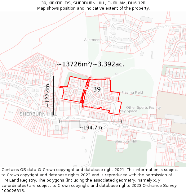39, KIRKFIELDS, SHERBURN HILL, DURHAM, DH6 1PR: Plot and title map