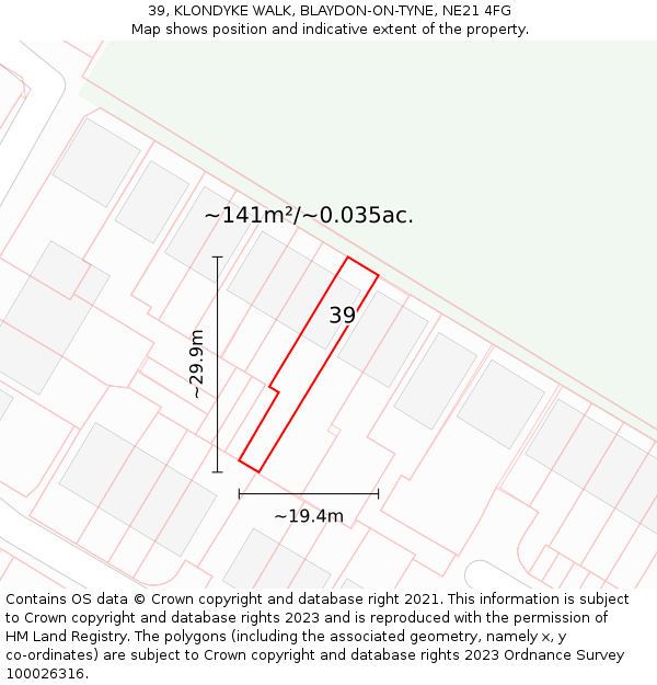 39, KLONDYKE WALK, BLAYDON-ON-TYNE, NE21 4FG: Plot and title map