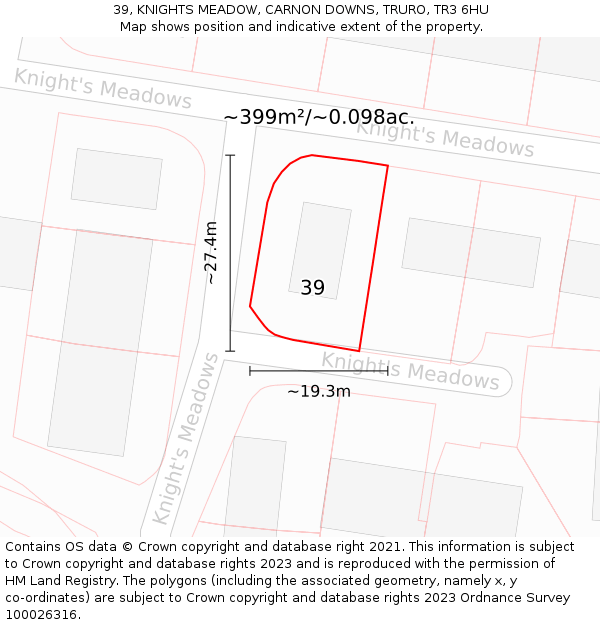 39, KNIGHTS MEADOW, CARNON DOWNS, TRURO, TR3 6HU: Plot and title map