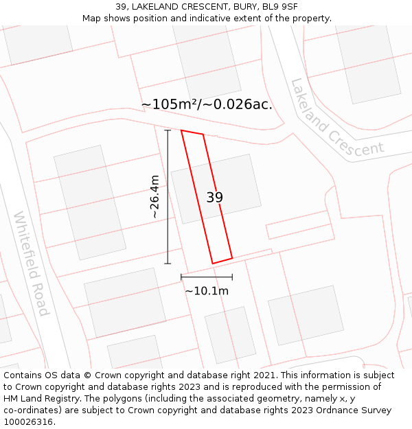 39, LAKELAND CRESCENT, BURY, BL9 9SF: Plot and title map