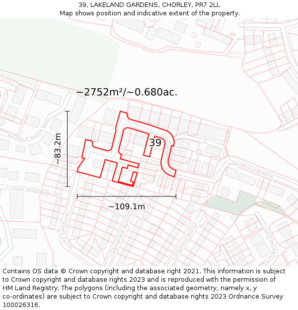 39, LAKELAND GARDENS, CHORLEY, PR7 2LL: Plot and title map