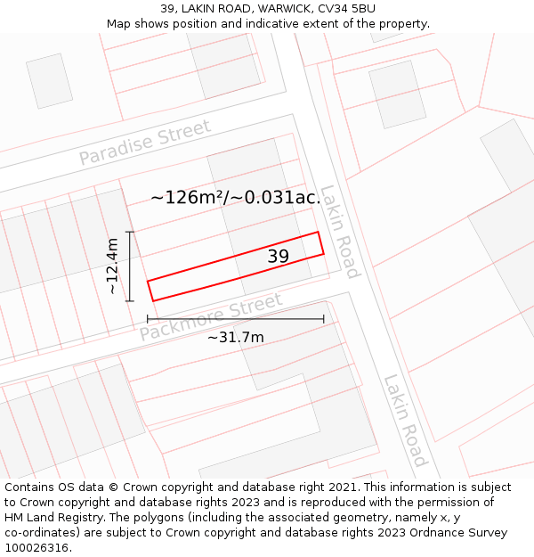 39, LAKIN ROAD, WARWICK, CV34 5BU: Plot and title map