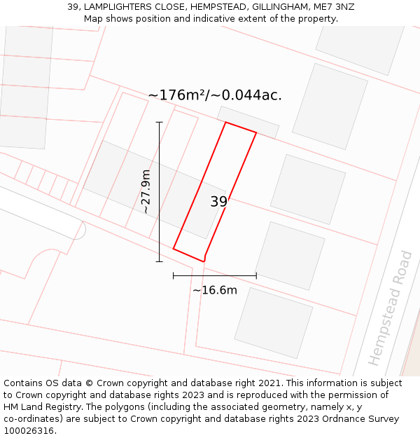 39, LAMPLIGHTERS CLOSE, HEMPSTEAD, GILLINGHAM, ME7 3NZ: Plot and title map