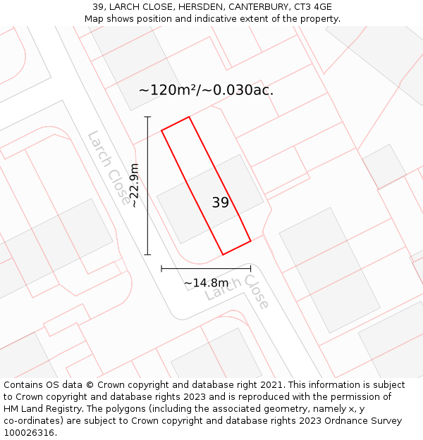 39, LARCH CLOSE, HERSDEN, CANTERBURY, CT3 4GE: Plot and title map