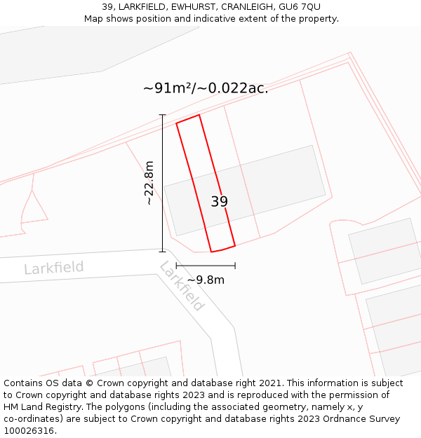 39, LARKFIELD, EWHURST, CRANLEIGH, GU6 7QU: Plot and title map
