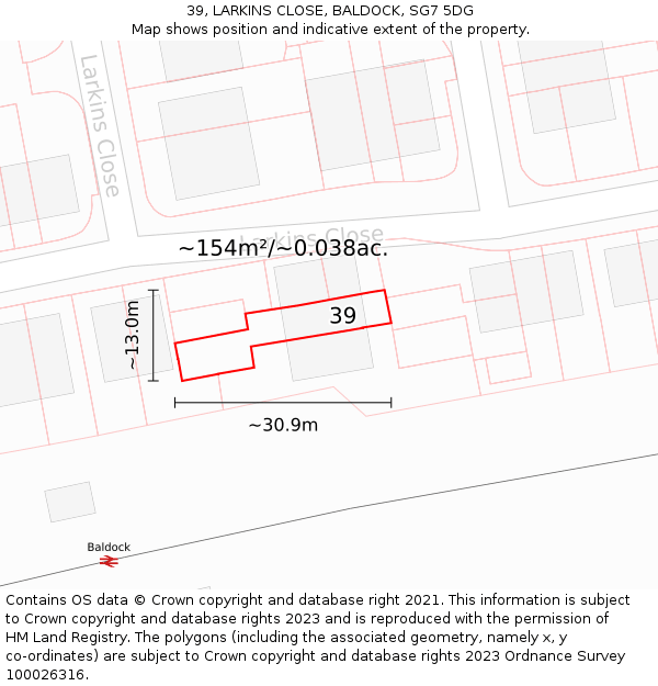 39, LARKINS CLOSE, BALDOCK, SG7 5DG: Plot and title map