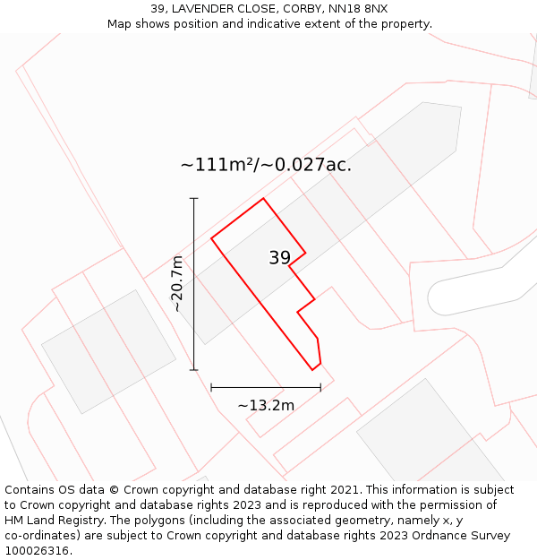 39, LAVENDER CLOSE, CORBY, NN18 8NX: Plot and title map