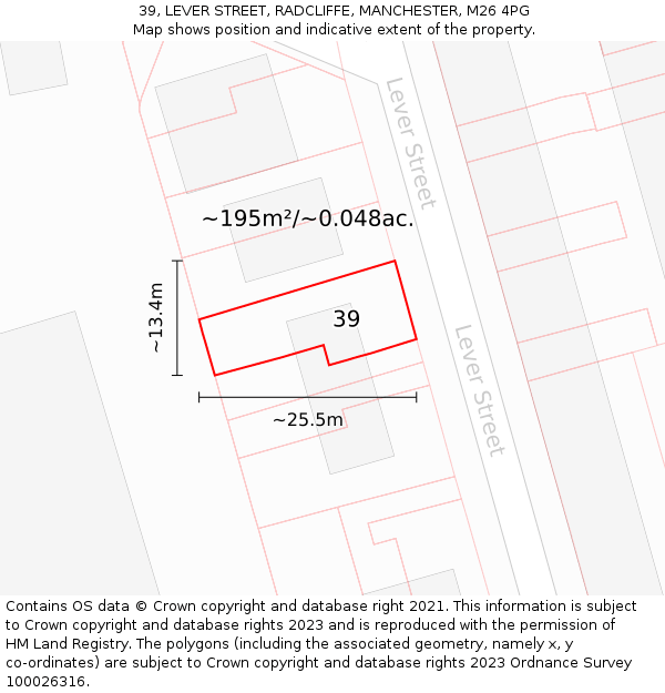 39, LEVER STREET, RADCLIFFE, MANCHESTER, M26 4PG: Plot and title map