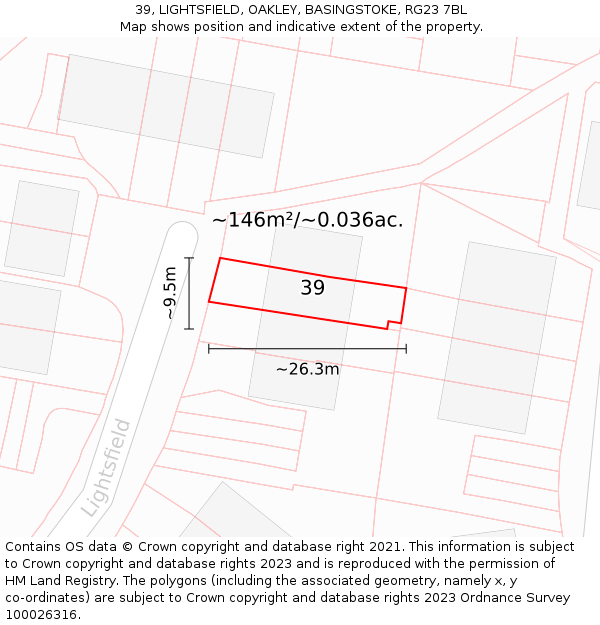 39, LIGHTSFIELD, OAKLEY, BASINGSTOKE, RG23 7BL: Plot and title map