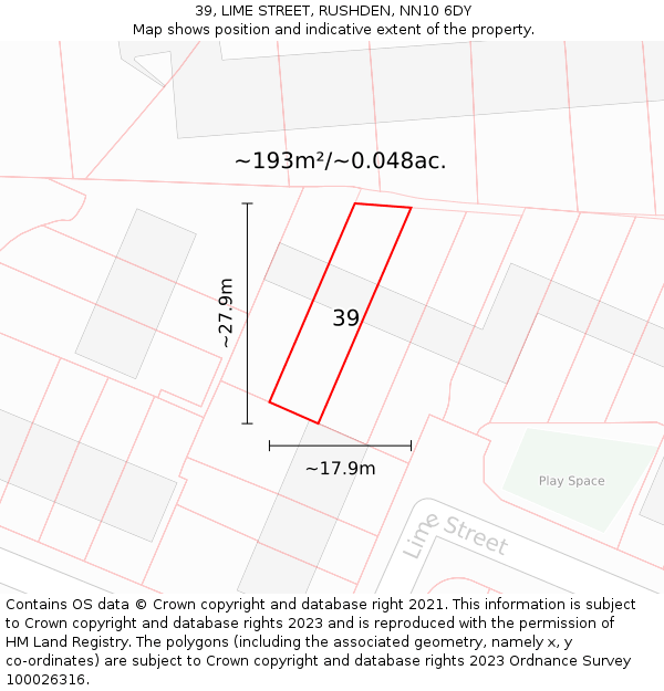 39, LIME STREET, RUSHDEN, NN10 6DY: Plot and title map