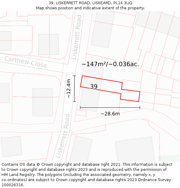 39, LISKERRETT ROAD, LISKEARD, PL14 3UG: Plot and title map