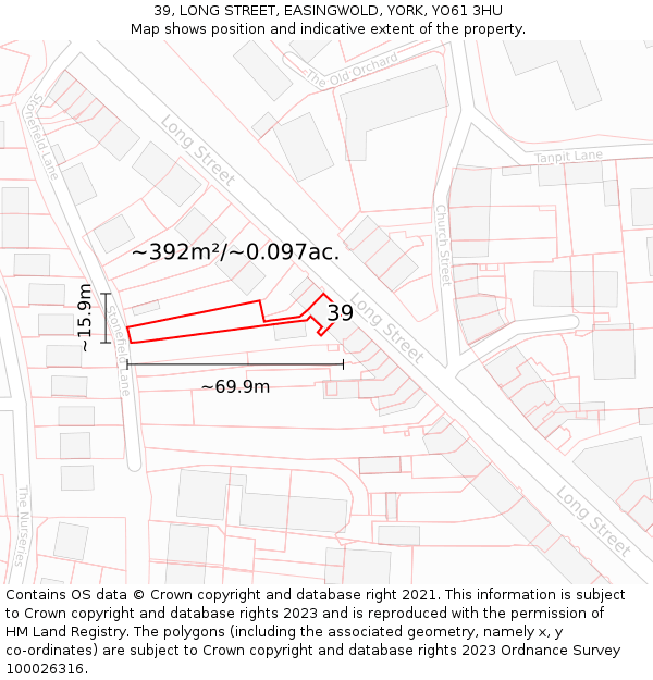 39, LONG STREET, EASINGWOLD, YORK, YO61 3HU: Plot and title map
