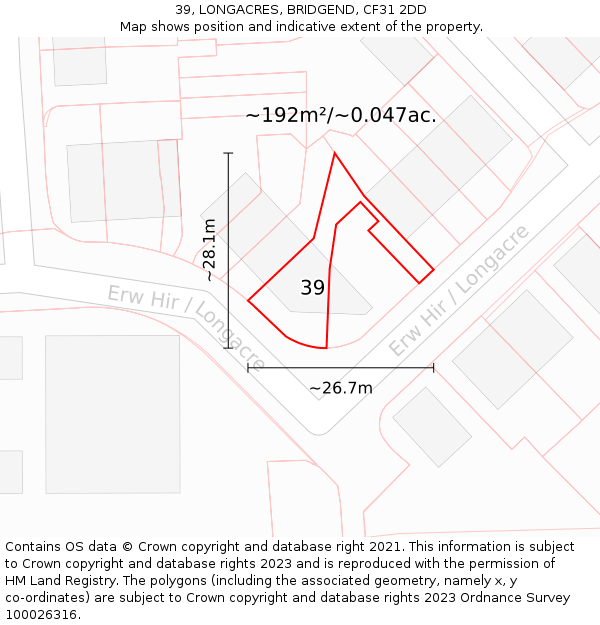 39, LONGACRES, BRIDGEND, CF31 2DD: Plot and title map