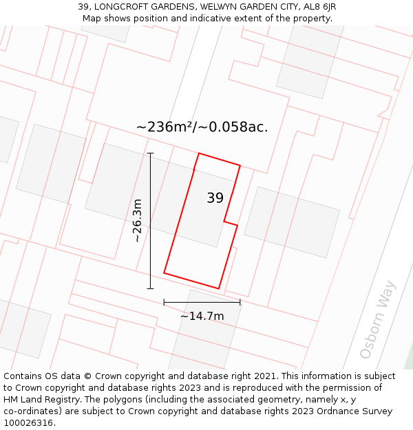 39, LONGCROFT GARDENS, WELWYN GARDEN CITY, AL8 6JR: Plot and title map