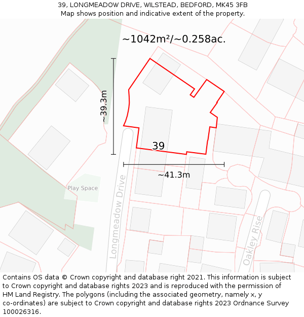 39, LONGMEADOW DRIVE, WILSTEAD, BEDFORD, MK45 3FB: Plot and title map