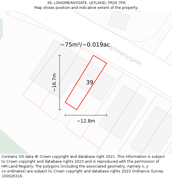 39, LONGMEANYGATE, LEYLAND, PR26 7PA: Plot and title map