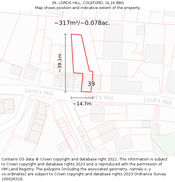 39, LORDS HILL, COLEFORD, GL16 8BG: Plot and title map