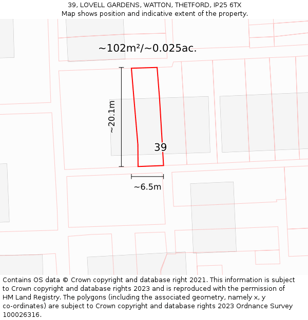 39, LOVELL GARDENS, WATTON, THETFORD, IP25 6TX: Plot and title map