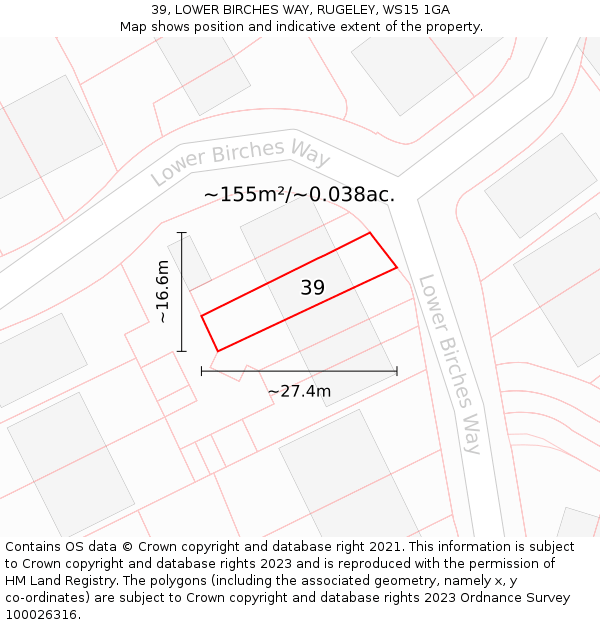 39, LOWER BIRCHES WAY, RUGELEY, WS15 1GA: Plot and title map