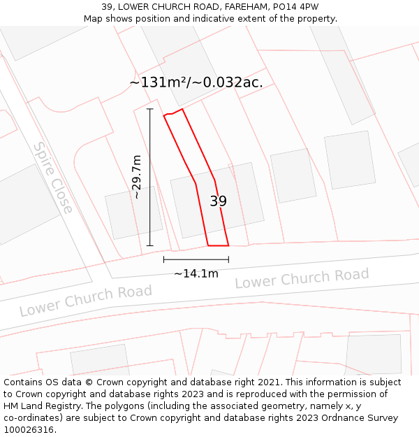 39, LOWER CHURCH ROAD, FAREHAM, PO14 4PW: Plot and title map
