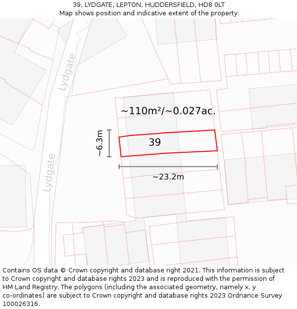 39, LYDGATE, LEPTON, HUDDERSFIELD, HD8 0LT: Plot and title map