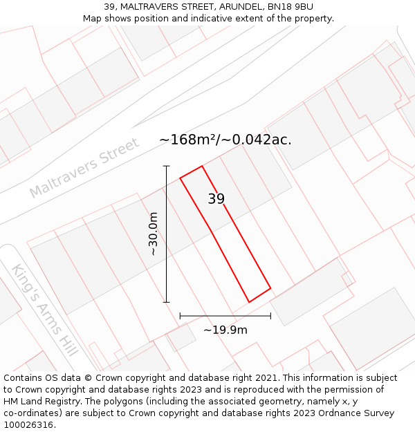 39, MALTRAVERS STREET, ARUNDEL, BN18 9BU: Plot and title map