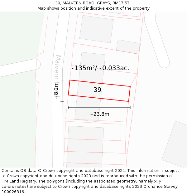 39, MALVERN ROAD, GRAYS, RM17 5TH: Plot and title map