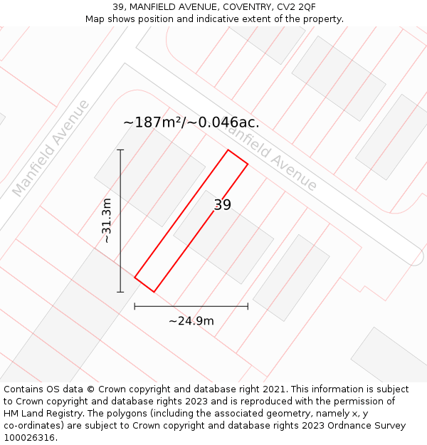 39, MANFIELD AVENUE, COVENTRY, CV2 2QF: Plot and title map