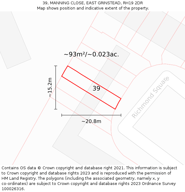 39, MANNING CLOSE, EAST GRINSTEAD, RH19 2DR: Plot and title map