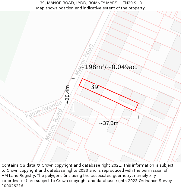 39, MANOR ROAD, LYDD, ROMNEY MARSH, TN29 9HR: Plot and title map